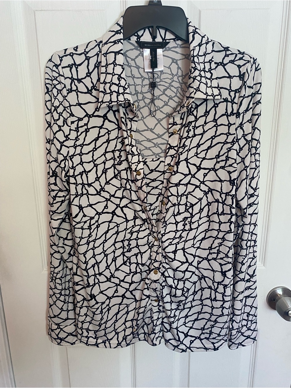 BCBGMaxAzria Black & White Chain-Pattern Button Down Shirt with Built In Tank